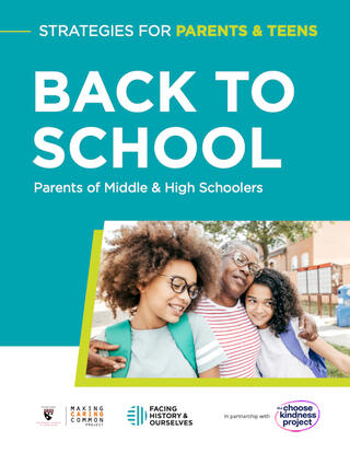 Strategies For Parents And Teens: Back To School cover with grandma hugging grandkids outside of school