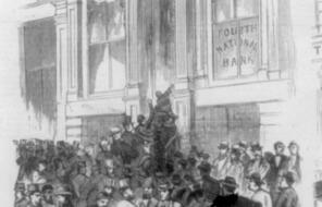 A drawn picture of people crowding into the Fourth National Bank