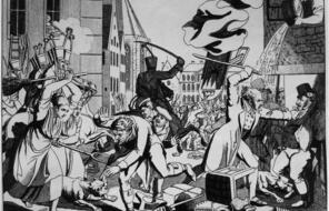 A contemporary drawing of the Hep! Hep! riots in Frankfurt am Main in 1819. Notice that both men and women participated in the violence.