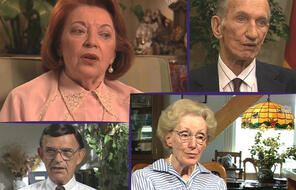 A collage of Holocaust survivors Barbara Fischman Jan Karski, Marion Pritchard, Sol Messinger.