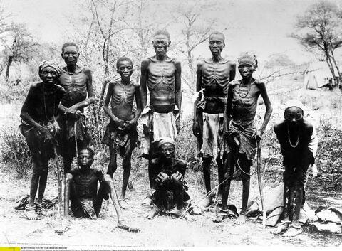 A group of emaciated Herero people in Africa. 