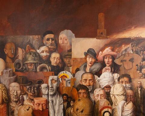 Painting titled The Family by Samuel Bak. Depicts many faces, some injured or deformed. 