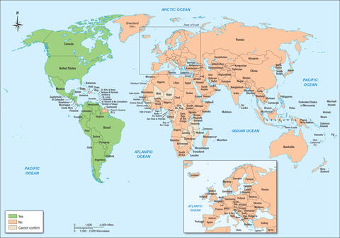 World map highlighting in green which countries recognize birthright citizenship.