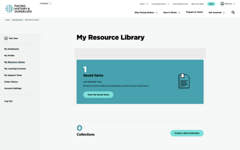 Screenshot of "My Resource Library" on the Facing History and Ourselves website.