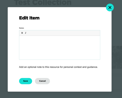 edit screen for notes on user collection
