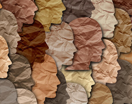 Paper cut outs of face profiles in different skin tones.