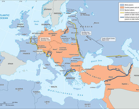 Map showing major alliances and advances of the Central and Allied powers during World War I.
