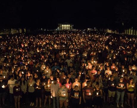 Overhead image of candlelight vigil.
