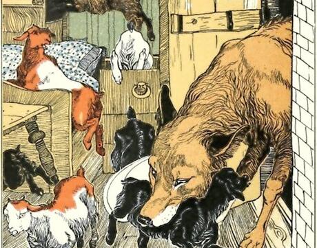 Illustration for the fairy tale "The Wolf and the Seven Young Kids" depicting the wolf attacking the kids once he is let into their home.